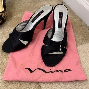 Nina Black Satin Heeled Mules